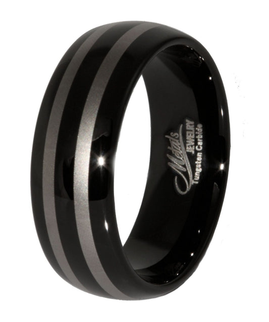 8mm Black Plated Laser Engraved Double Striped Tungsten Carbide Ring Size 6-13