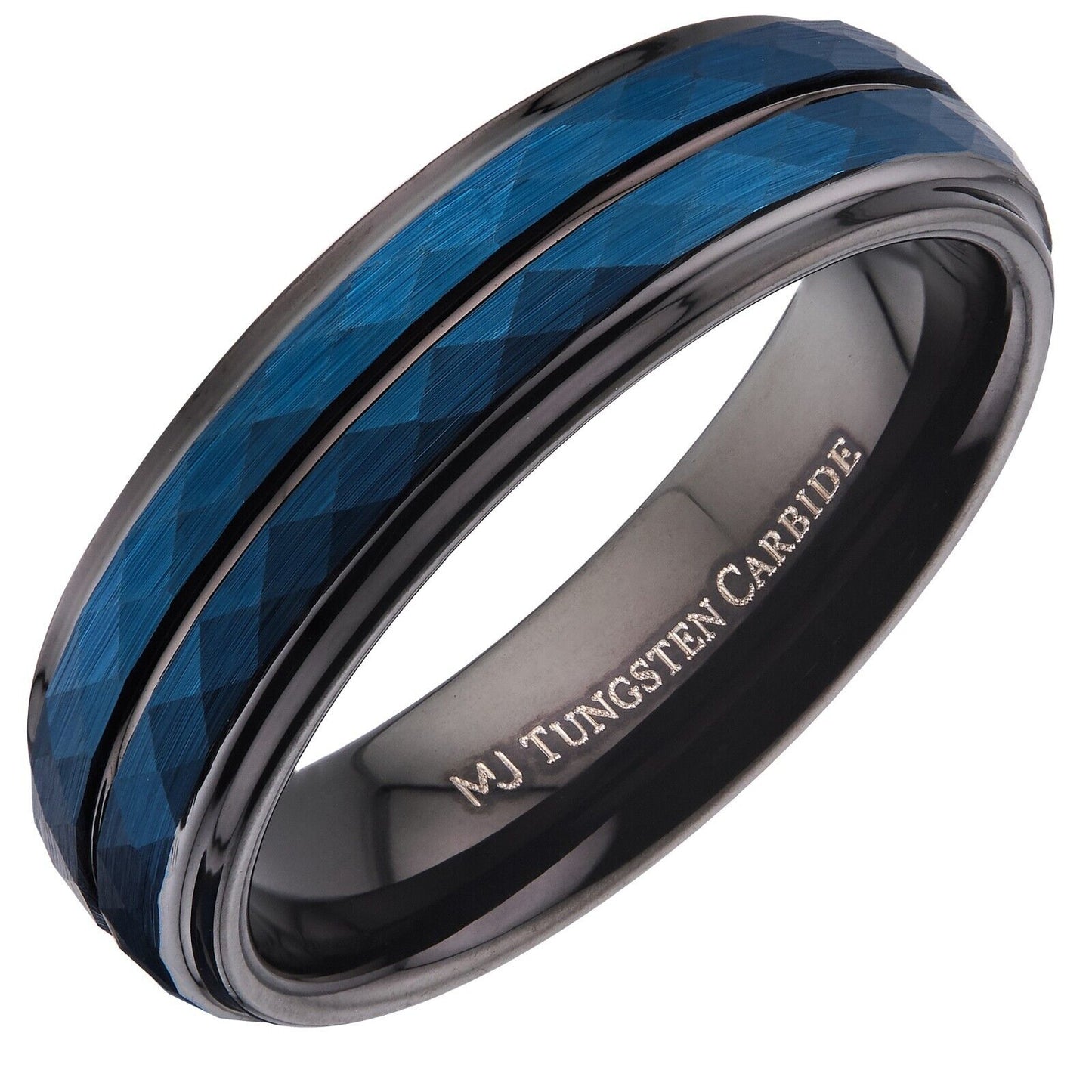 Tungsten Carbide 6 or 8mm Wedding Band Hammered Black and Blue Plated Ring