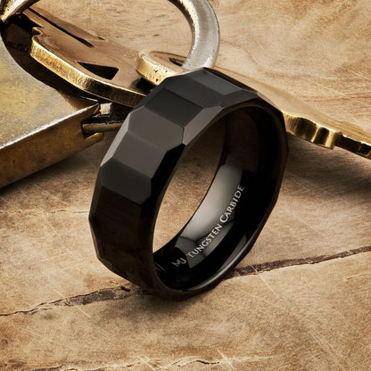 Tungsten Carbide 8mm Geometric Multi Faceted Band Black Plated Finish Ring