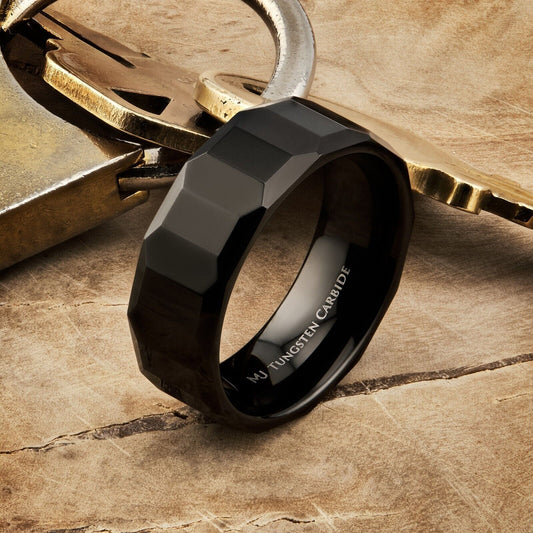 Tungsten Carbide 8mm Geometric Multi Faceted Band Black Plated Finish Ring
