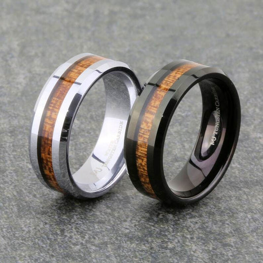 White or Black Tungsten Carbide 8mm Wedding Band with Real Koa Wood Inlay Ring