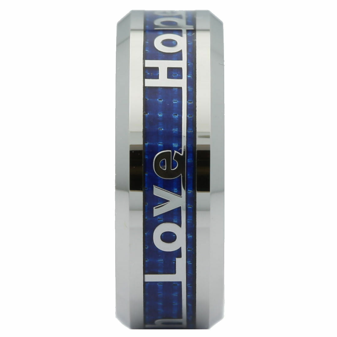 Faith Love Hope Ring Tungsten Carbide 6mm or 8mm Blue Carbon Fiber
