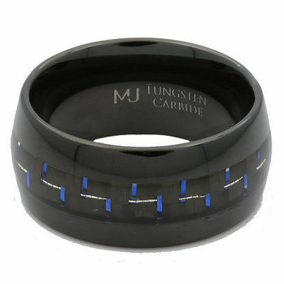 Tungsten Carbide Black Plated 8 or 10mm with Black/Blue Carbon Fiber Inlay Ring