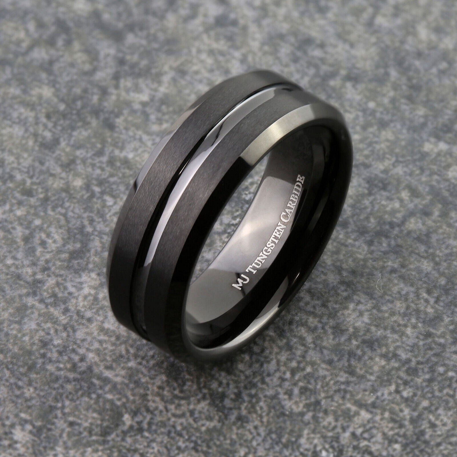 Tungsten Carbide 6mm or 8mm Wedding Band Center Grooved Black Plated Ring