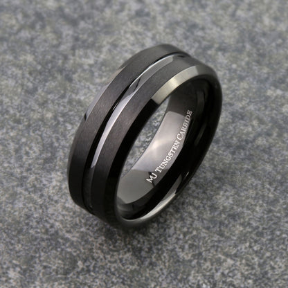 Tungsten Carbide 6mm or 8mm Wedding Band Center Grooved Black Plated Ring