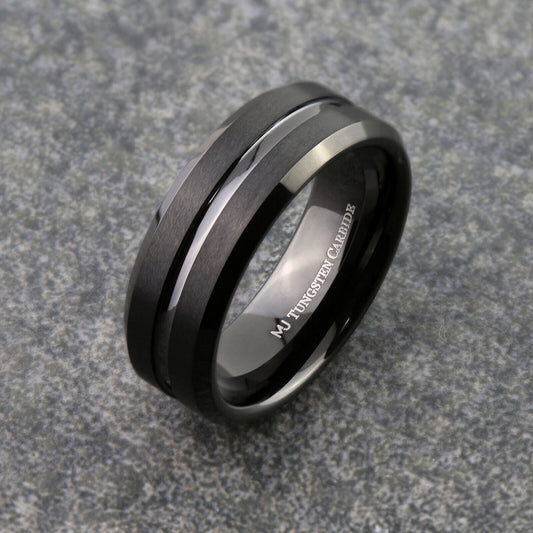 Tungsten Carbide 6mm or 8mm Wedding Band Center Grooved Black Plated Ring