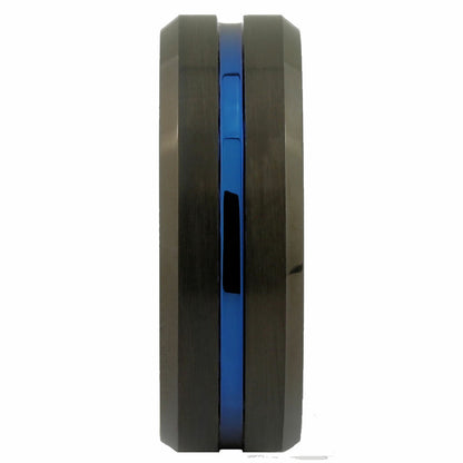 Tungsten Carbide 6mm or 8mm Band Blue Groove and Inside, Black Plated Ring