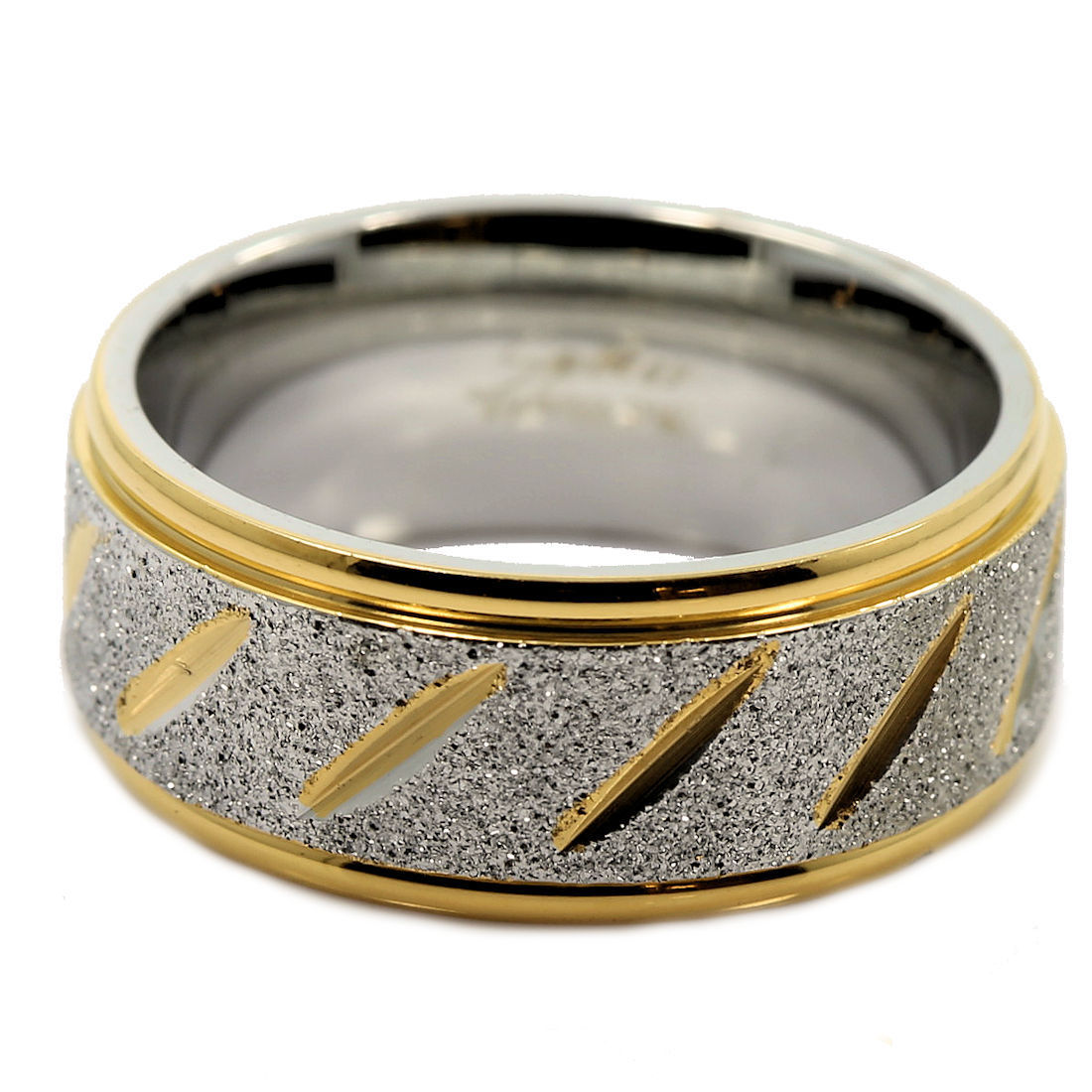 8mm Stainless Steel Grooved Sandblasted Center Wedding Band Ring