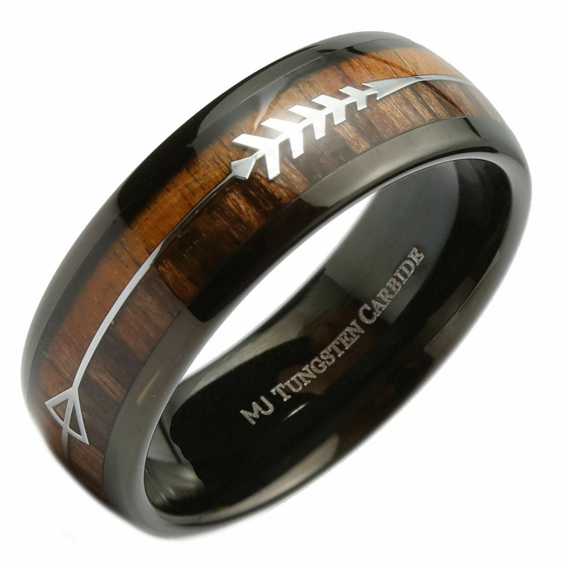 Koa & Pear Wood in Black Plated Tungsten Carbide Arrow Wedding Ring 6mm