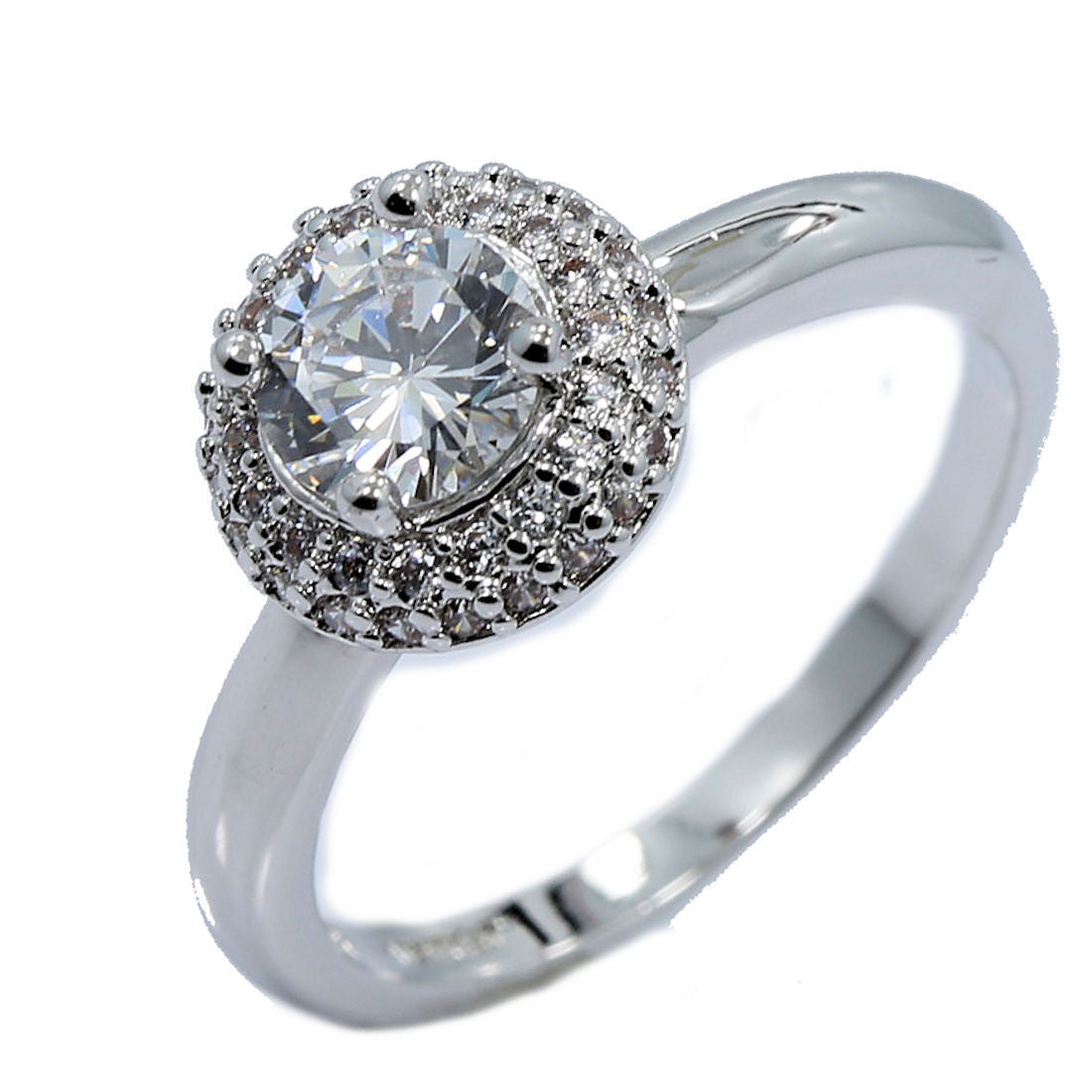 18K White Gold Plated Round Halo CZ Wedding Band Ring
