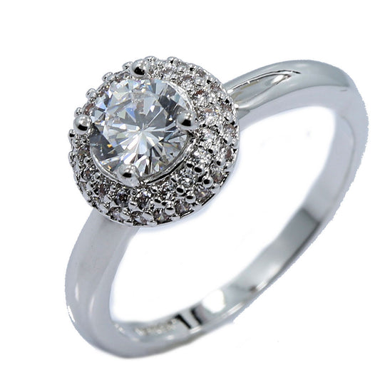 18K White Gold Plated Round Halo CZ Wedding Band Ring