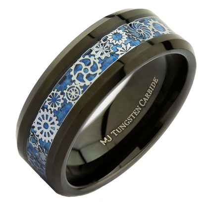 Steampunk Gear Inlay 8mm Polished or Black Plated Tungsten Carbide Wedding Ring