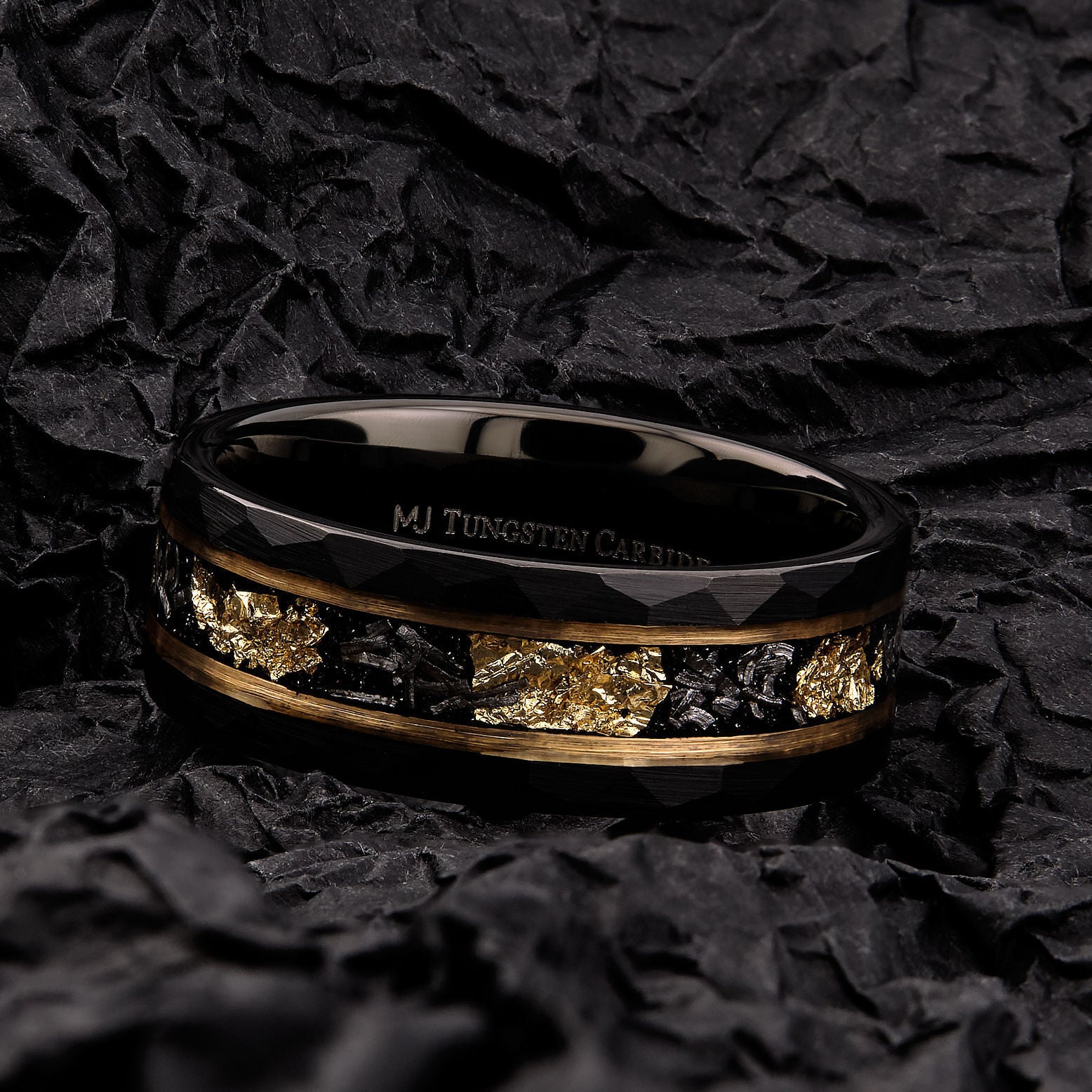 Tungsten Carbide Hammered 8mm Black Plated Wedding Band with Gold Foil Flecks In