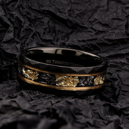 Tungsten Carbide Hammered 8mm Black Plated Wedding Band with Gold Foil Flecks In