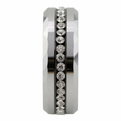 Tungsten Carbide Wedding Band Beveled Edge W/ CZ Filled Center 8mm Ring