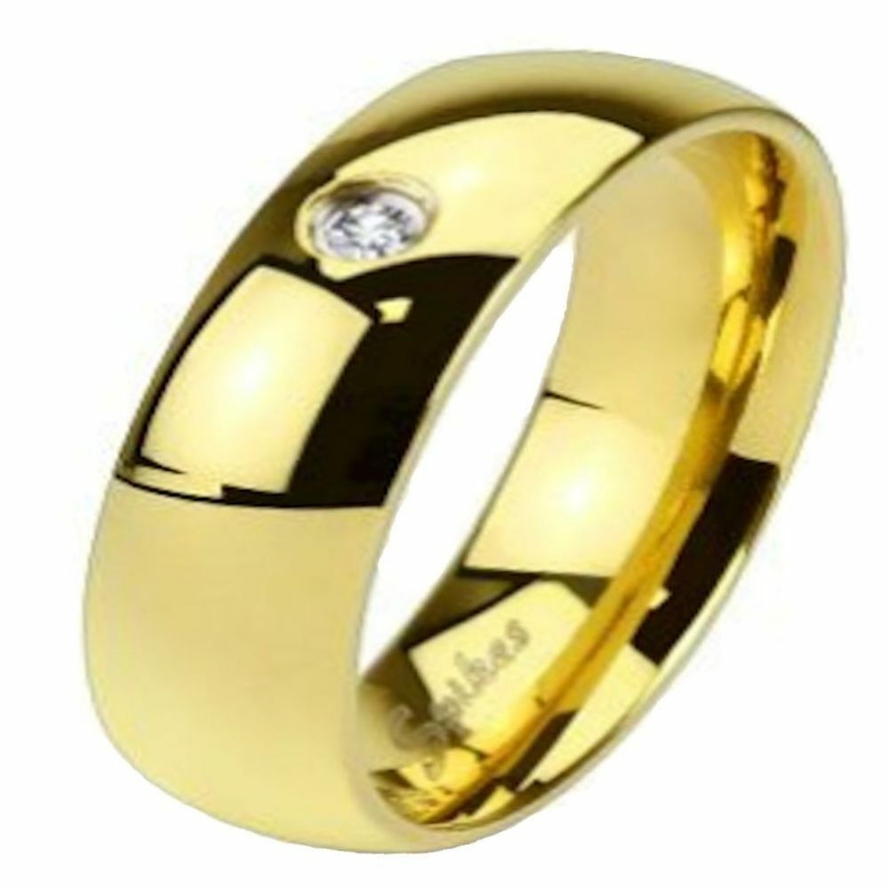 4, 6 or 8mm Stainless Steel Single CZ Gold Plated Wedding Band Ring