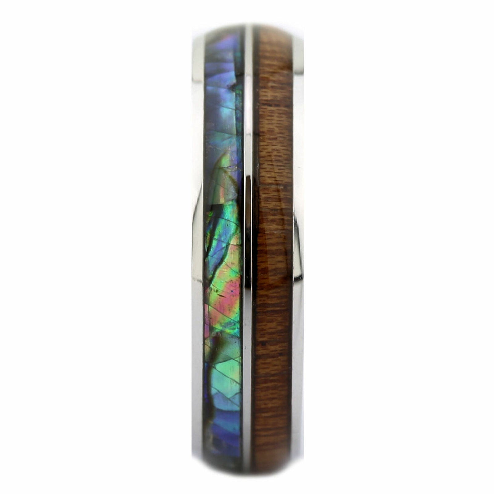 Custom Engraved Stainless Steel Abalone Inlay with Koa Wood or Faux Opal Ring