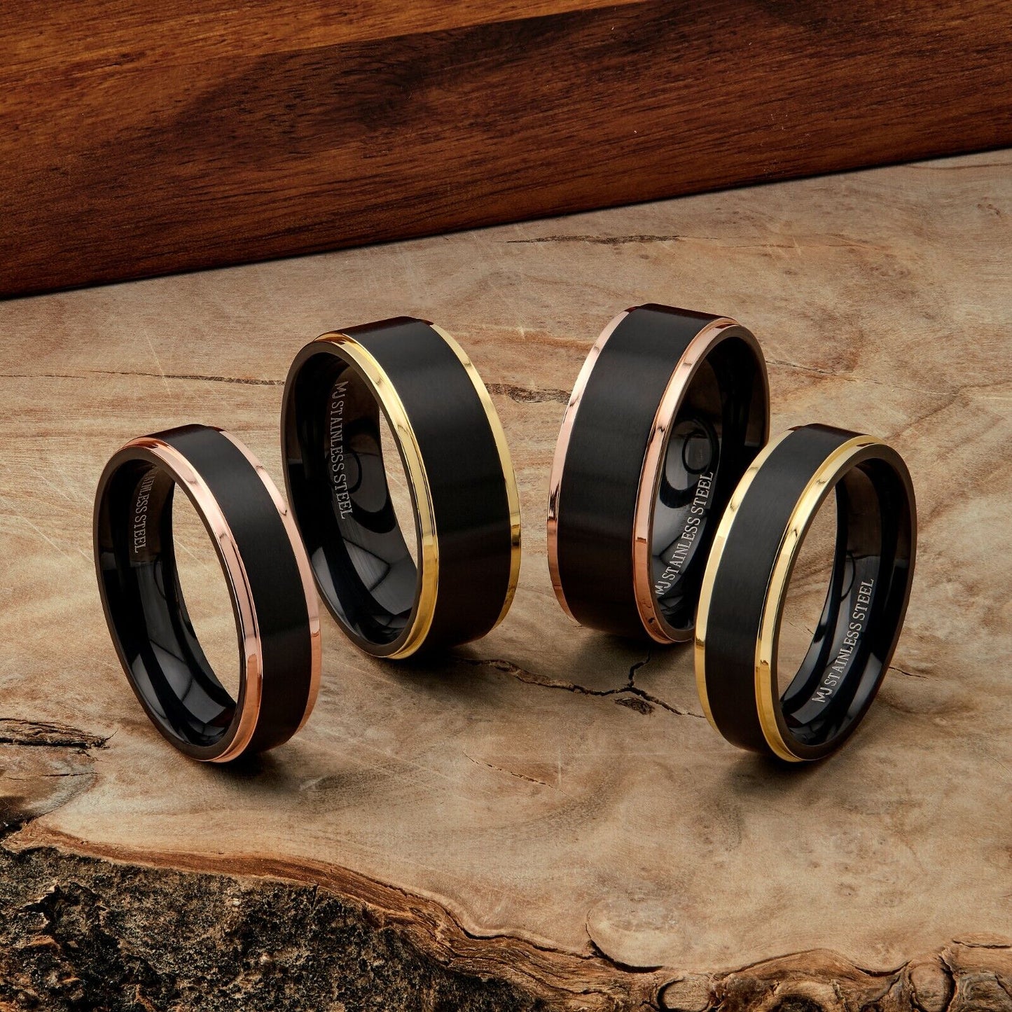 Bushed Stainless Steel 6mm or 8mm Black Plated Drop Down Edges Gold or Rose Gold