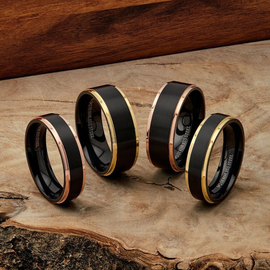 Bushed Stainless Steel 6mm or 8mm Black Plated Drop Down Edges Gold or Rose Gold