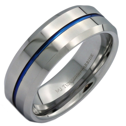 Tungsten Carbide 8mm Wedding Band Blue Striped Center Ring