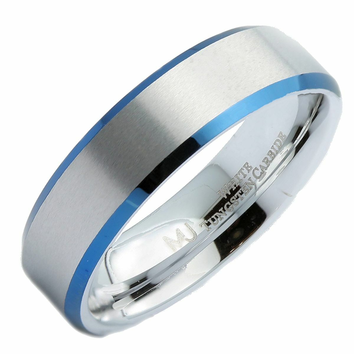 White Tungsten Carbide Blue Plated Edges Wedding Band 6mm  Ring