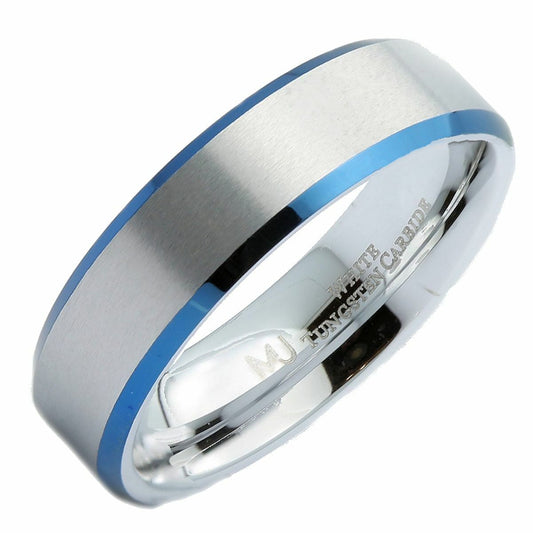 White Tungsten Carbide Blue Plated Edges Wedding Band 6mm  Ring