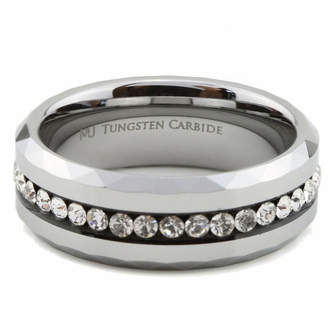 Tungsten Carbide Wedding Band Beveled Edge W/ CZ Filled Center 8mm Ring