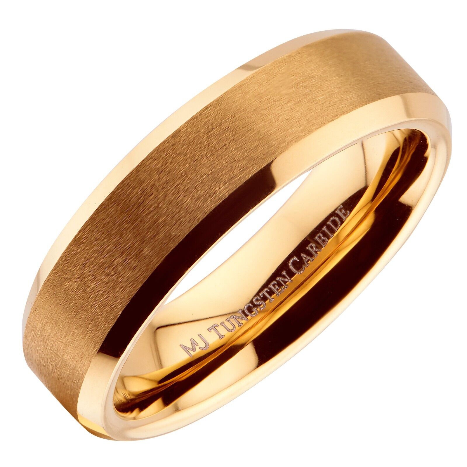 6mm or 8mm Brushed Gold Plated Tungsten Carbide Band Polished Edges Ring