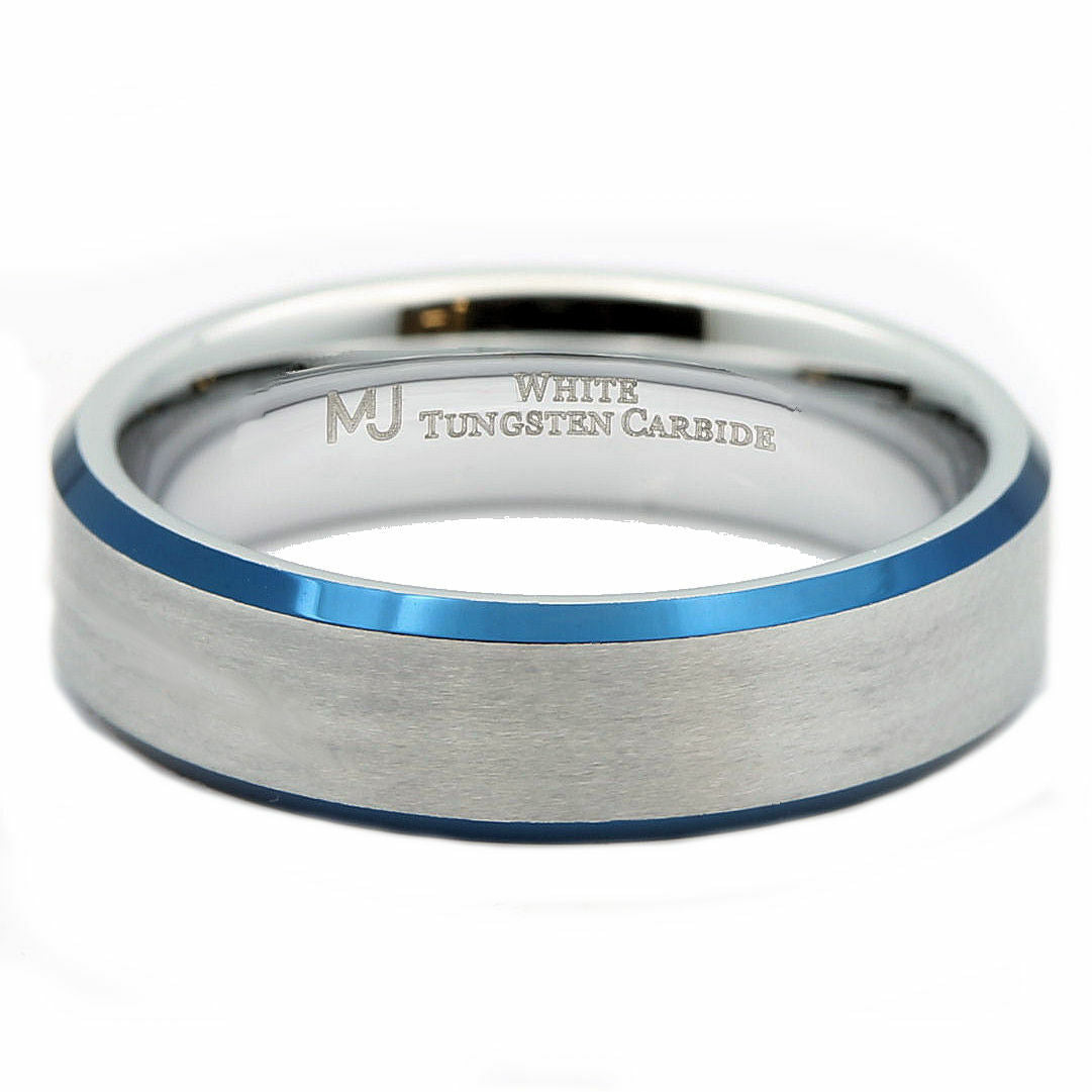 White Tungsten Carbide Blue Plated Edges Wedding Band 6mm  Ring
