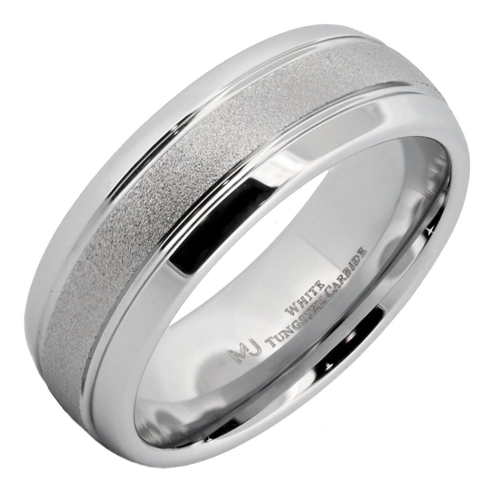 White Tungsten Carbide 6mm or 8mm Ring Sand Blasted Center Polished Edges