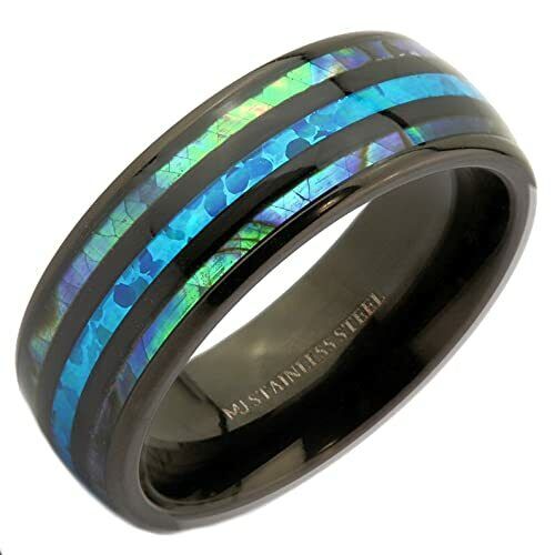 Custom Engraved Stainless Steel Abalone Inlay with Koa Wood or Faux Opal Ring