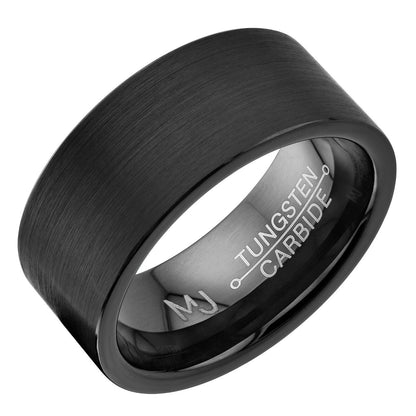 Brushed Black Plated 9mm Tungsten Carbide Pipe Cut Wedding Band Ring
