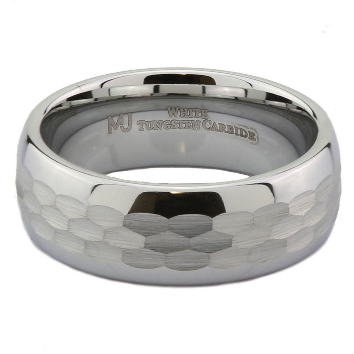 White Tungsten Carbide Hammered Center 6mm or 8mm Wedding Band Ring