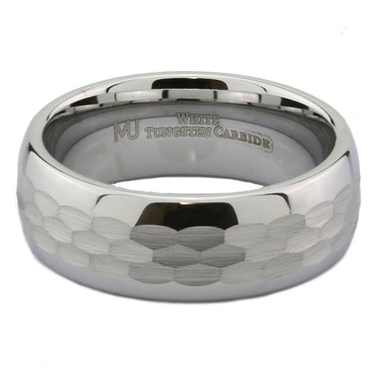 White Tungsten Carbide Hammered Center 6mm or 8mm Wedding Band Ring