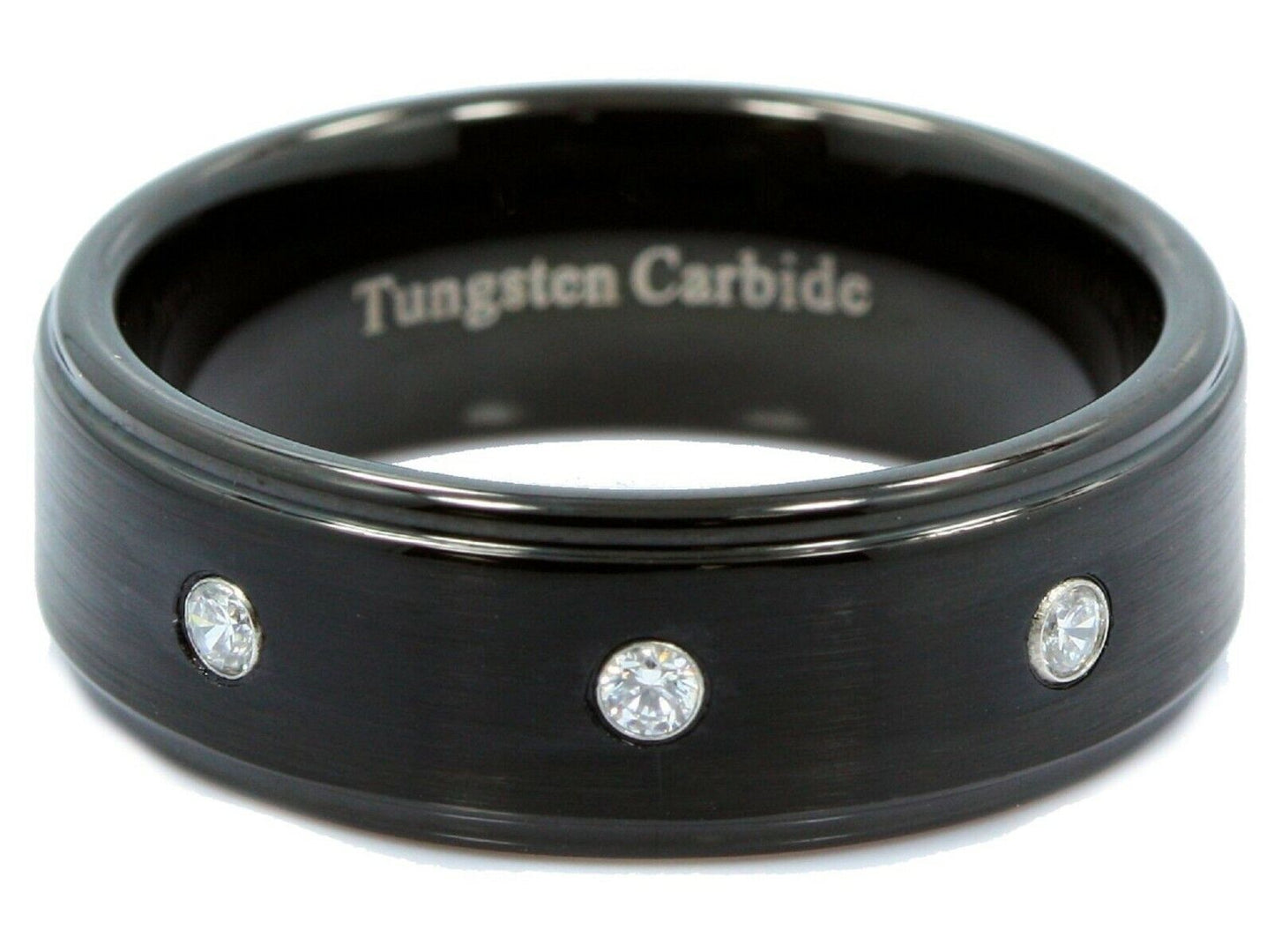 8mm Tungsten Carbide Wedding Ring 3 CZ Brushed Center Polished Edges