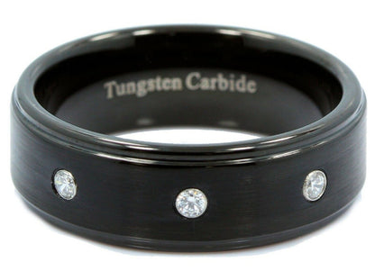 8mm Tungsten Carbide Wedding Ring 3 CZ Brushed Center Polished Edges