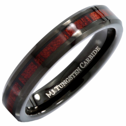 4mm Black Plated Tungsten Carbide Koa Wood Inlay Wedding Ring Comfort Fit