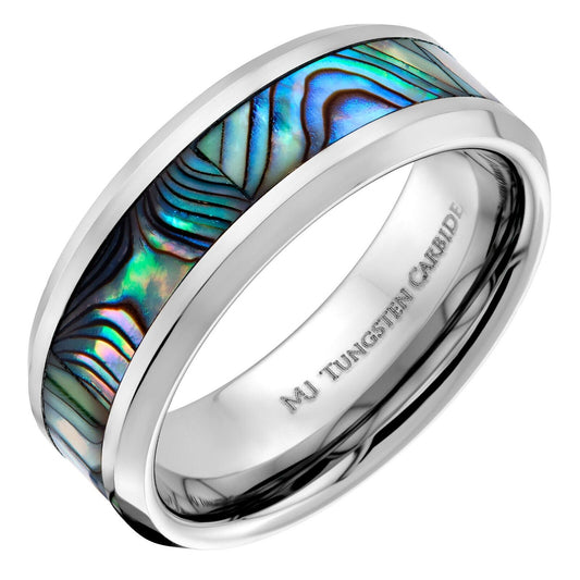 Tungsten Carbide 8mm Abalone Inlay with Recessed Edges Wedding Band Polished Fin