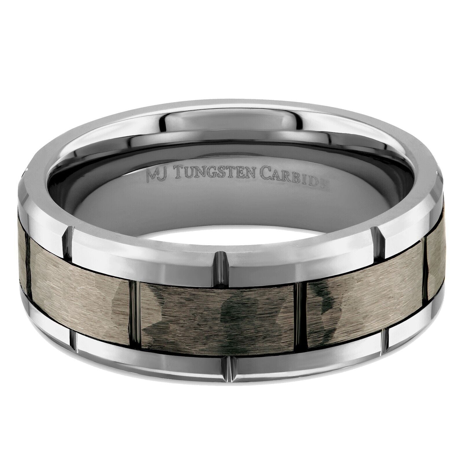 Tungsten Carbide 8mm Band Brushed Hammered Brick Pattern Notched Edges Ring
