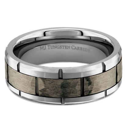 Tungsten Carbide 8mm Band Brushed Hammered Brick Pattern Notched Edges Ring