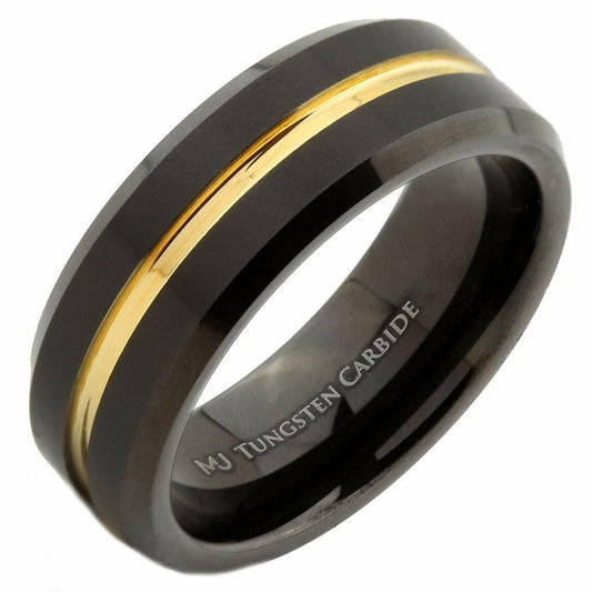Tungsten Carbide 8mm Wedding Band Black Plated with Gold Plated Center Ring