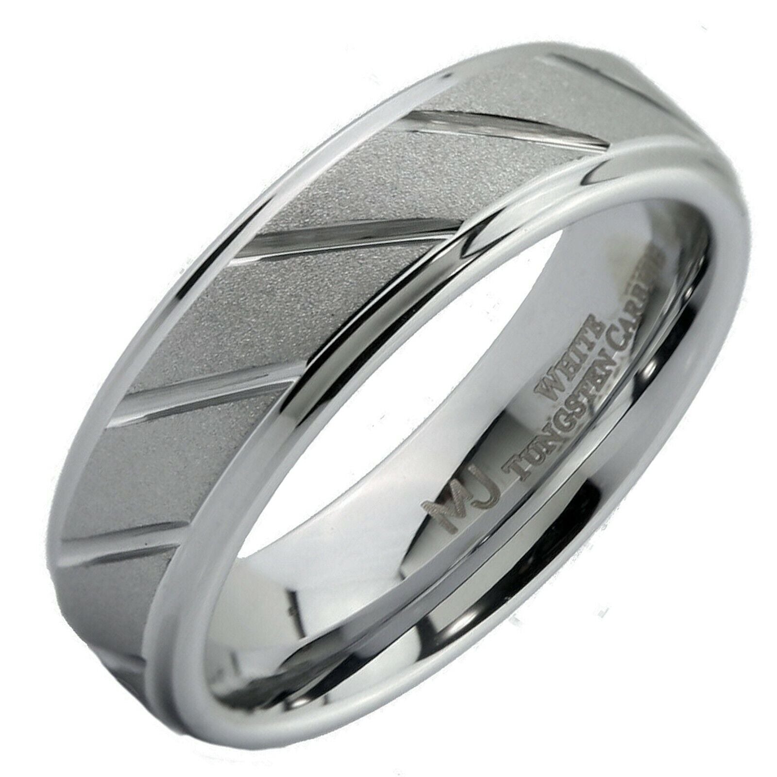 White Tungsten Carbide Band 6mm or 8mm Sand Blasted with Diagonal Lines Ring