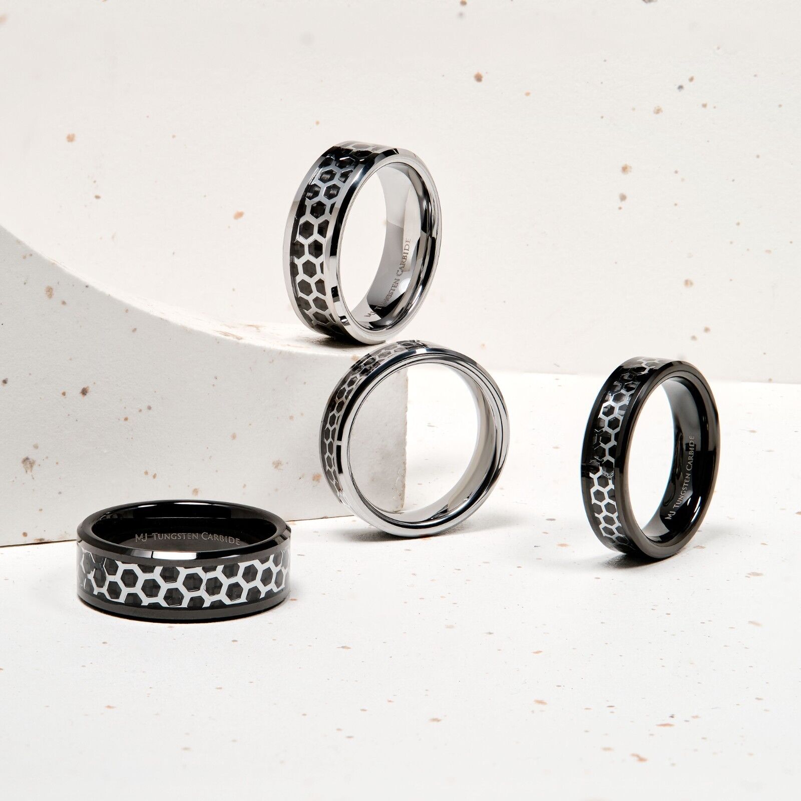 Tungsten Carbide Black or Polished Hexagon Pattern Over Black Carbon Fiber Inlay