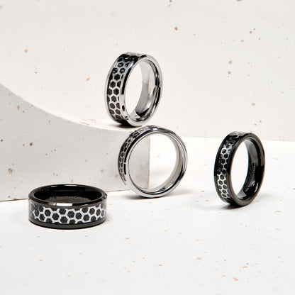 Tungsten Carbide Black or Polished Hexagon Pattern Over Black Carbon Fiber Inlay