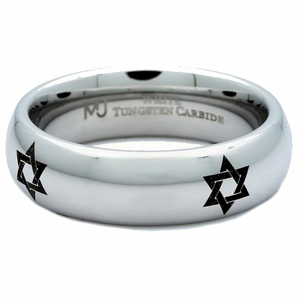 Star fo David ring 6mm polished White Tungsten Carbide Band unique Made to order
