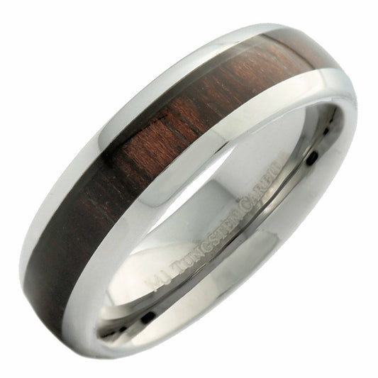 Tungsten Carbide Wedding Band 6mm or 8mm Dark Wood Inlay Ring