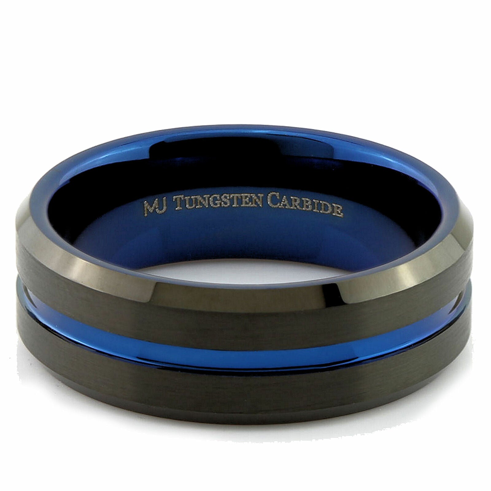 Tungsten Carbide 6mm or 8mm Band Blue Groove and Inside, Black Plated Ring