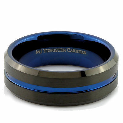 Tungsten Carbide 6mm or 8mm Band Blue Groove and Inside, Black Plated Ring