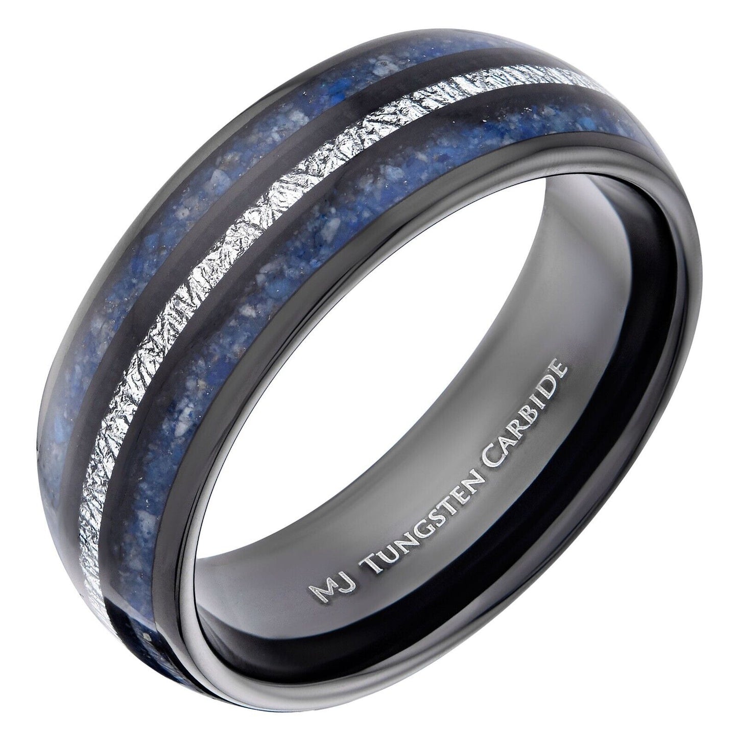Tungsten Carbide 8mm Polished Finish with Lapis Lazuli and Faux Meteorite Inlay