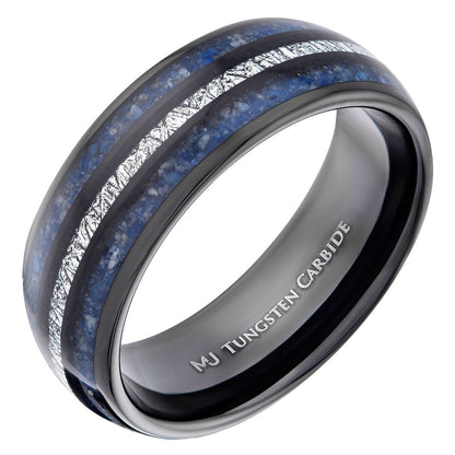 Tungsten Carbide 8mm Polished Finish with Lapis Lazuli and Faux Meteorite Inlay